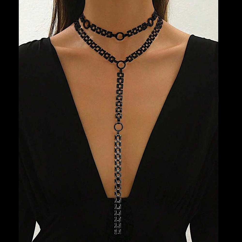 Black Y Lariat MultiLayered Choker Irregular Handmade Unique Choker Necklace